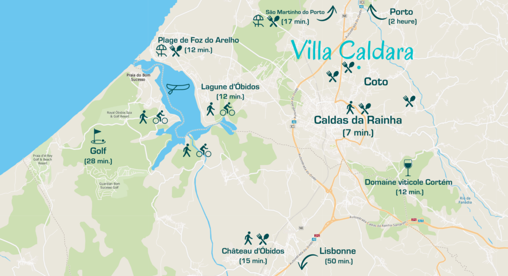 Carte de Caldas da Rainha, Foz do Arelho, Óbidos et des environs de la Villa Caldara sur la Côte d'Argent au Portugal.