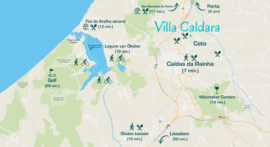 Kaart van Caldas da Rainha, Foz do Arelho, Óbidos en de omgeving van Villa Caldara aan de Zilverkust van Portugal.