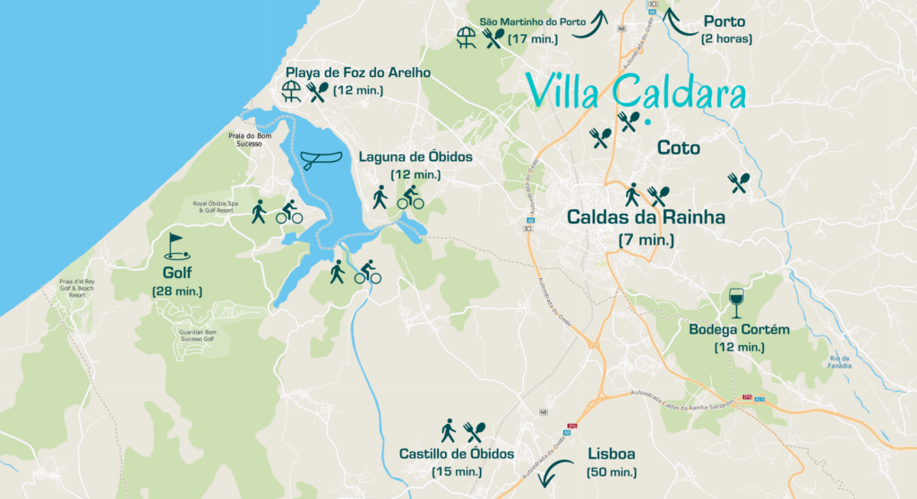 Mapa de Caldas da Rainha, Foz do Arelho, Óbidos y los alrededores de Villa Caldara en la Costa de Plata de Portugal.